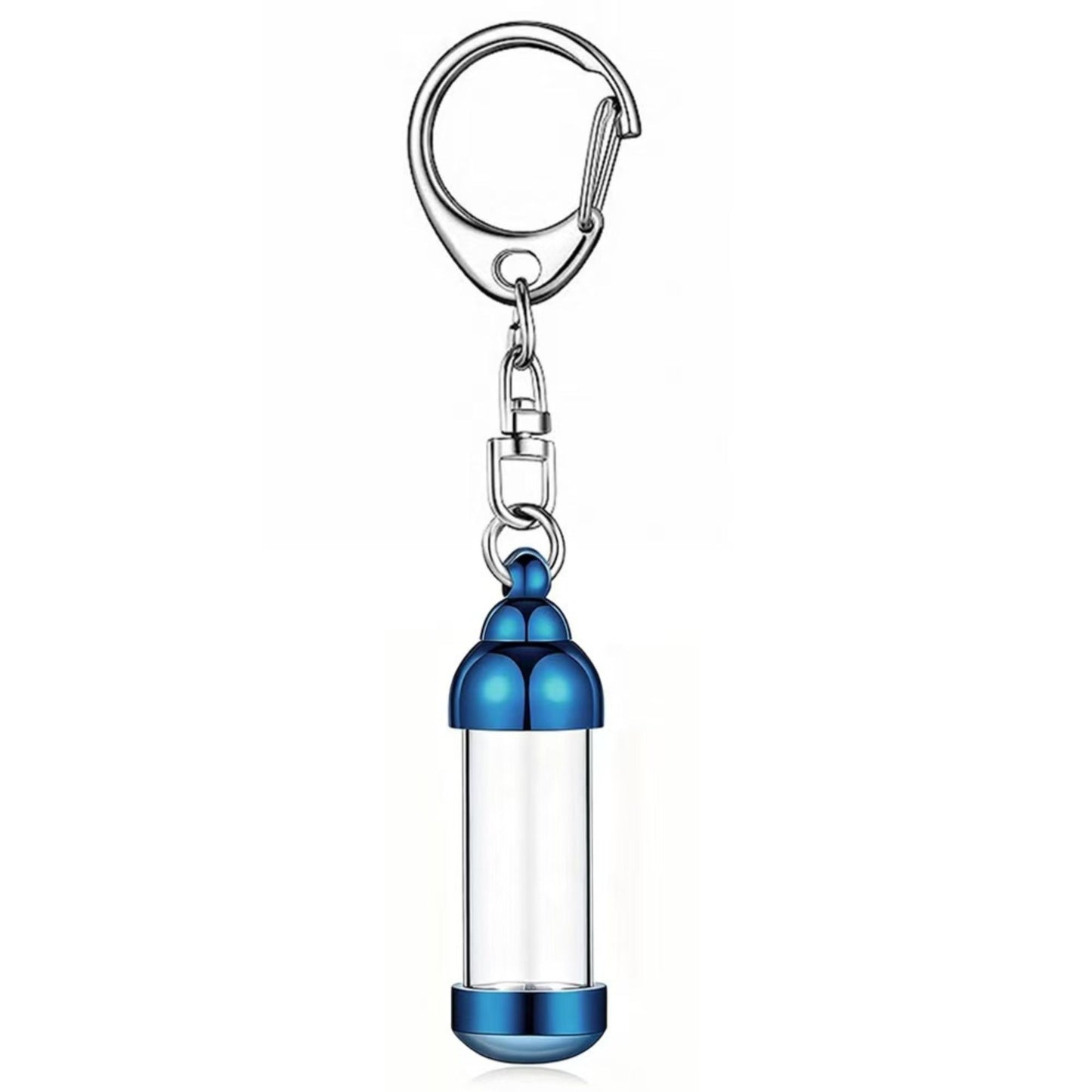 Blue aluminum alloy transparent cylinder ashes urn keychain pendant, single memorial keepsake keyring for pet remembrance