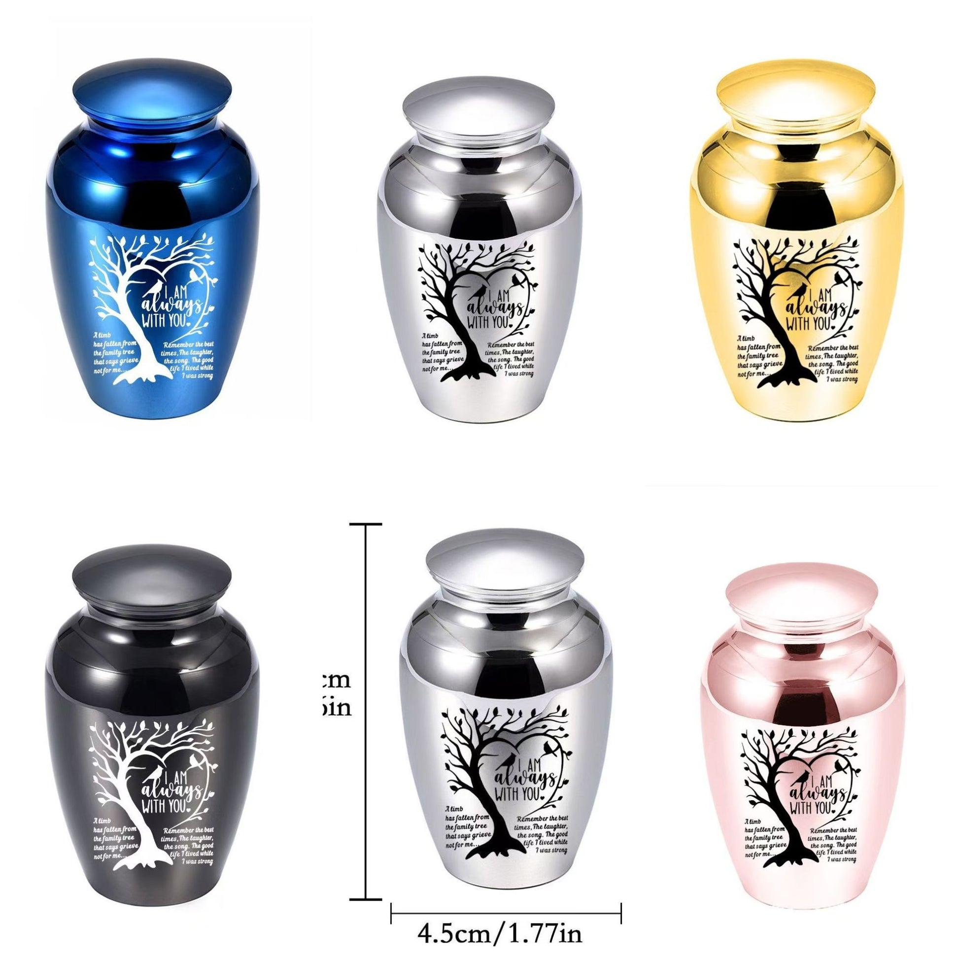 “I Am Always With You” mini pet keepsake urn shown in multiple colors (blue, silver, gold, black, rose gold)