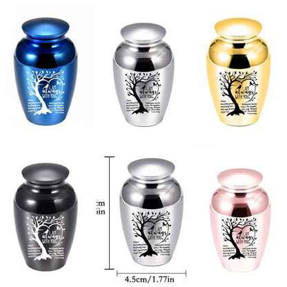 “I Am Always With You” mini pet keepsake urn shown in multiple colors (blue, silver, gold, black, rose gold)