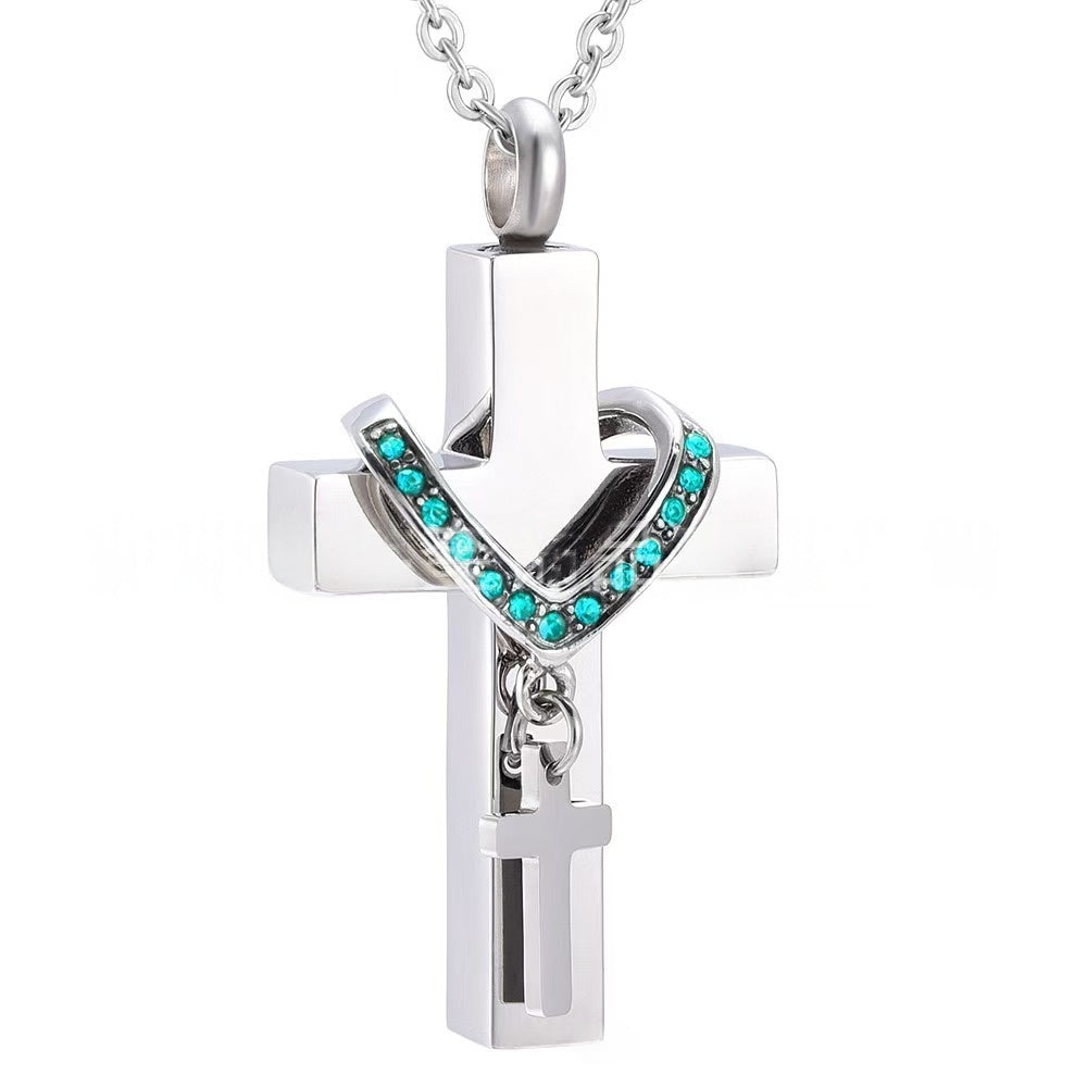 December,Stainless steel cross urn pendant with  birthstone crystal accents, memorial cremation jewelry
