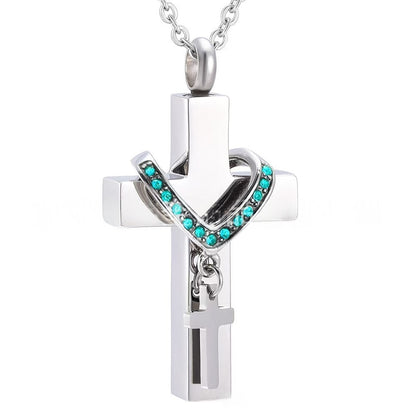 Stainless Steel Cross Urn Necklace – 12 Birthstone Crystal Cross Pendant, Memorial Cremation Jewelry (22" Chain)