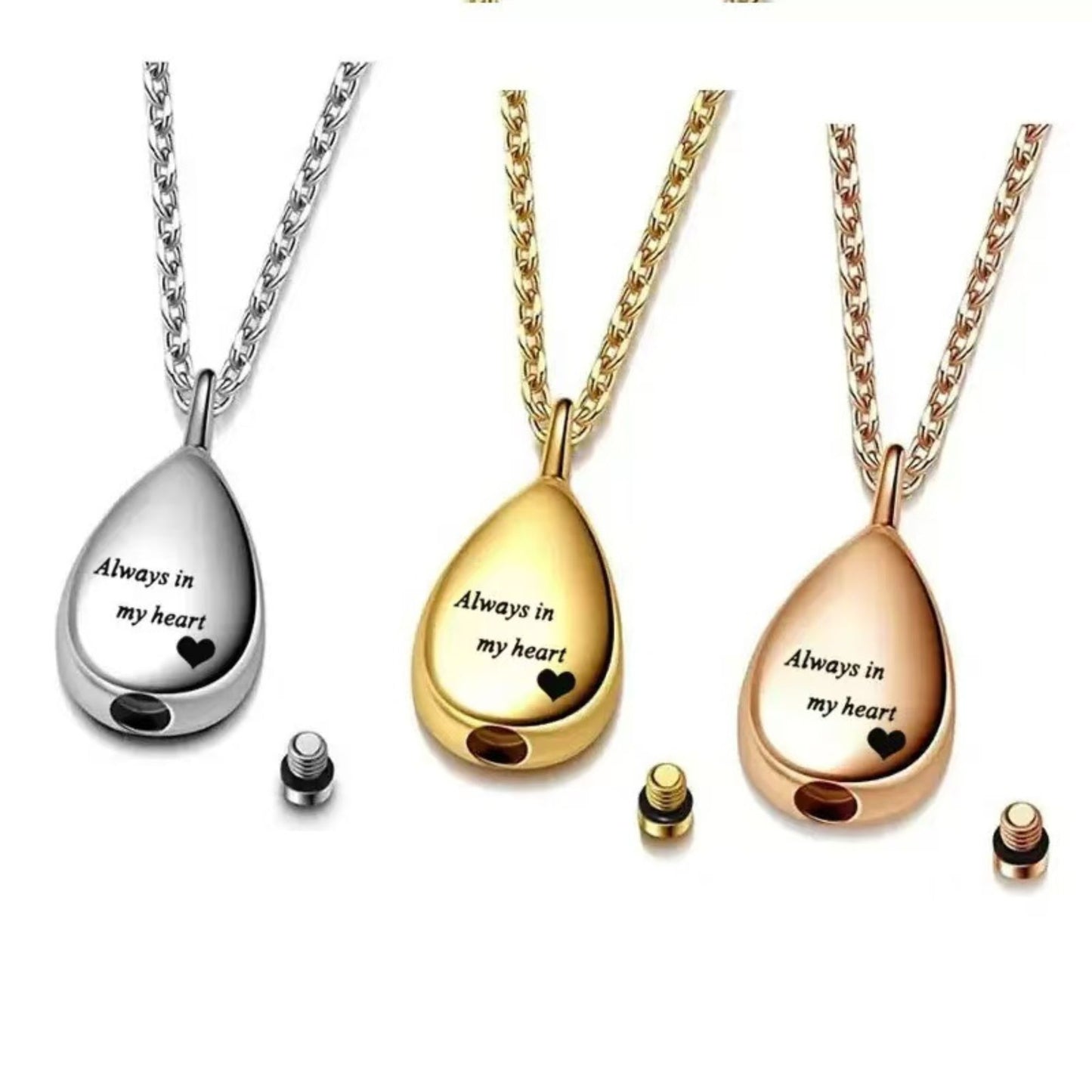 Silver, gold and rose gold teardrop urn pendants with screw closure pieces shown