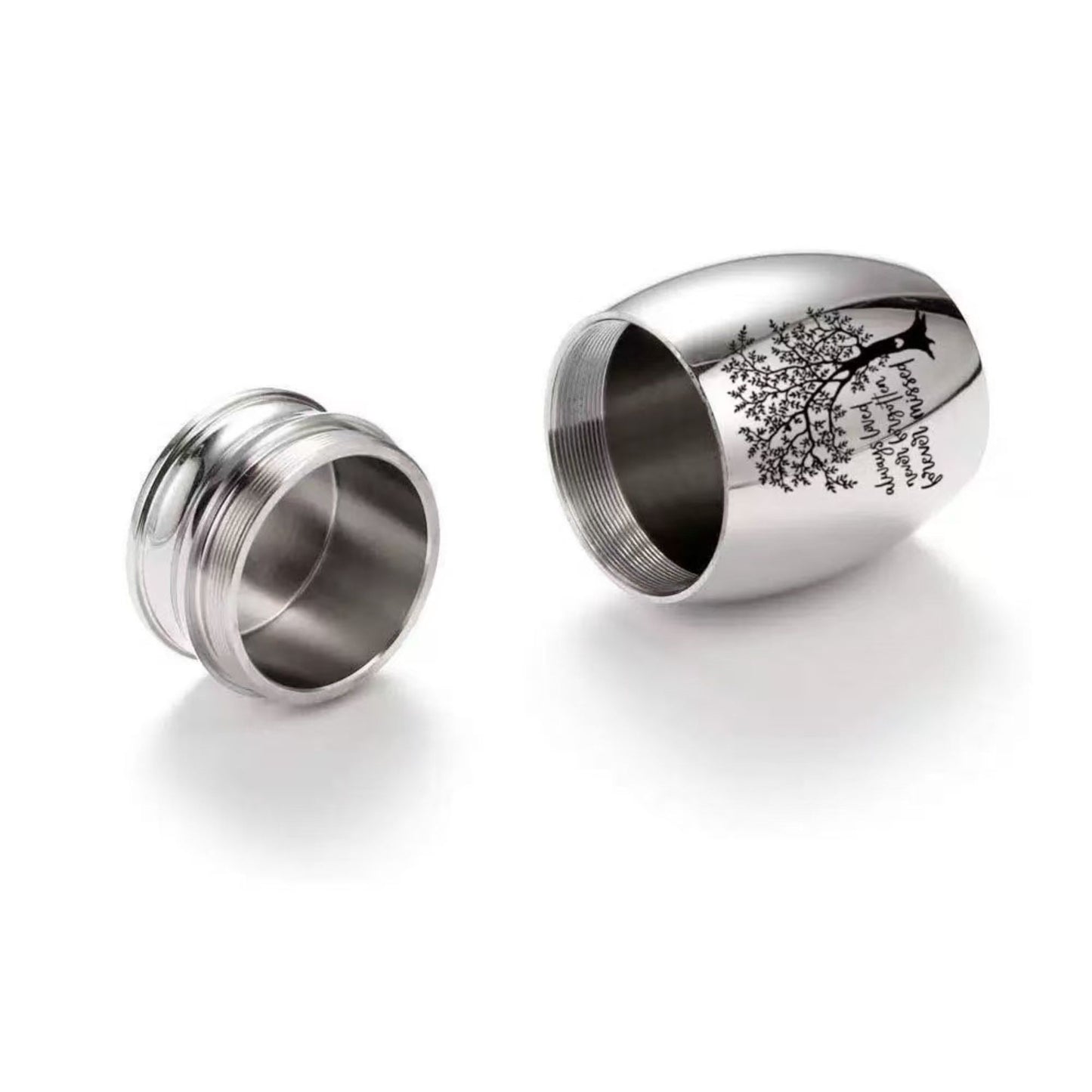 Close-up of threaded screw-on lid and interior compartment of the Tree of Life mini urn