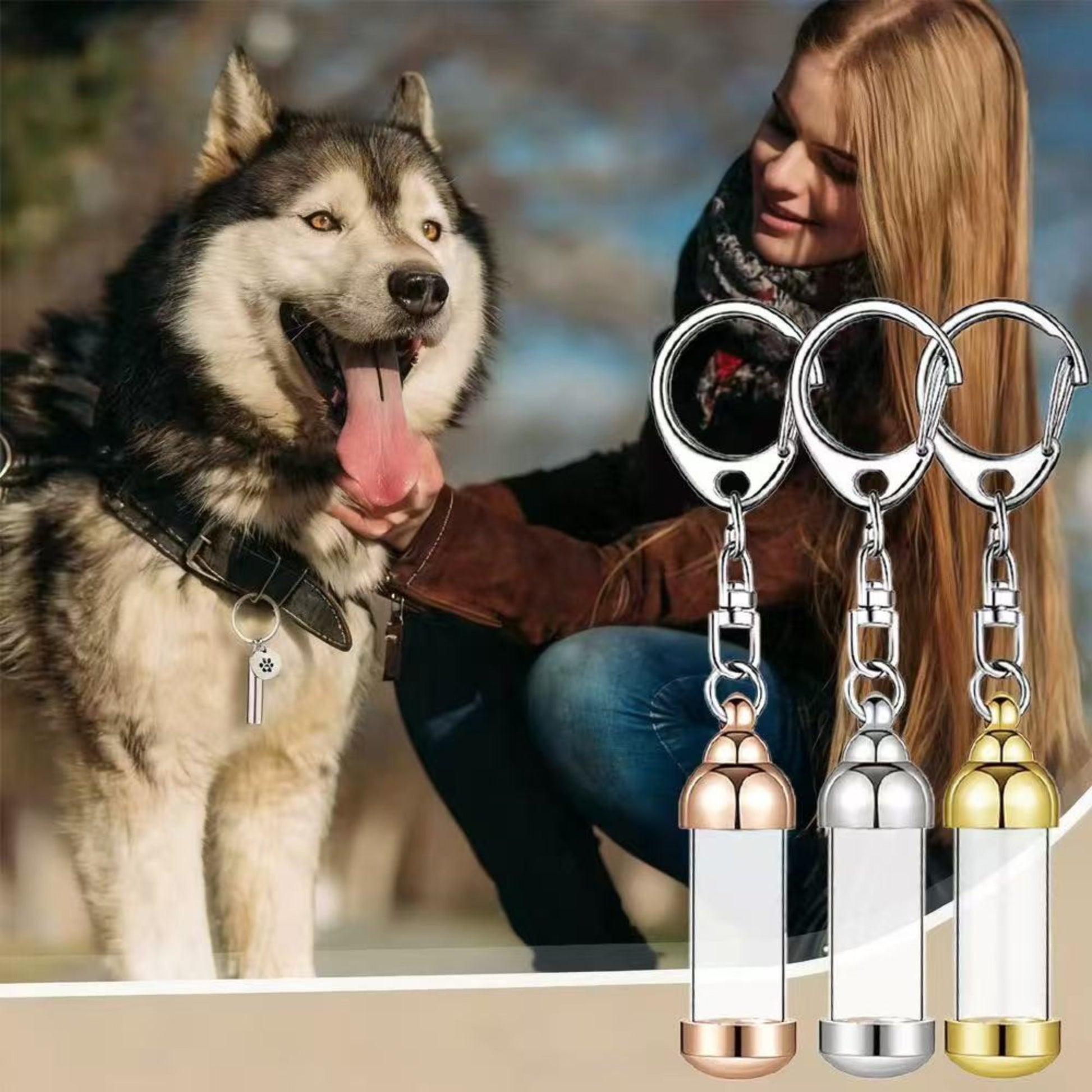 Pet memorial keepsake keychain urn shown in lifestyle image with dog, featuring portable transparent cylinder remembrance design，memorial urn keychain for dog or cat ashes