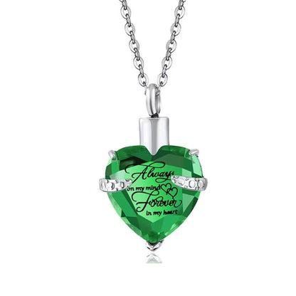 Heart Birthstone Crystal Urn Necklace – Stainless Steel Memorial Keepsake Pendant with Funnel Kit, 12 Color Options, 55cm Chain