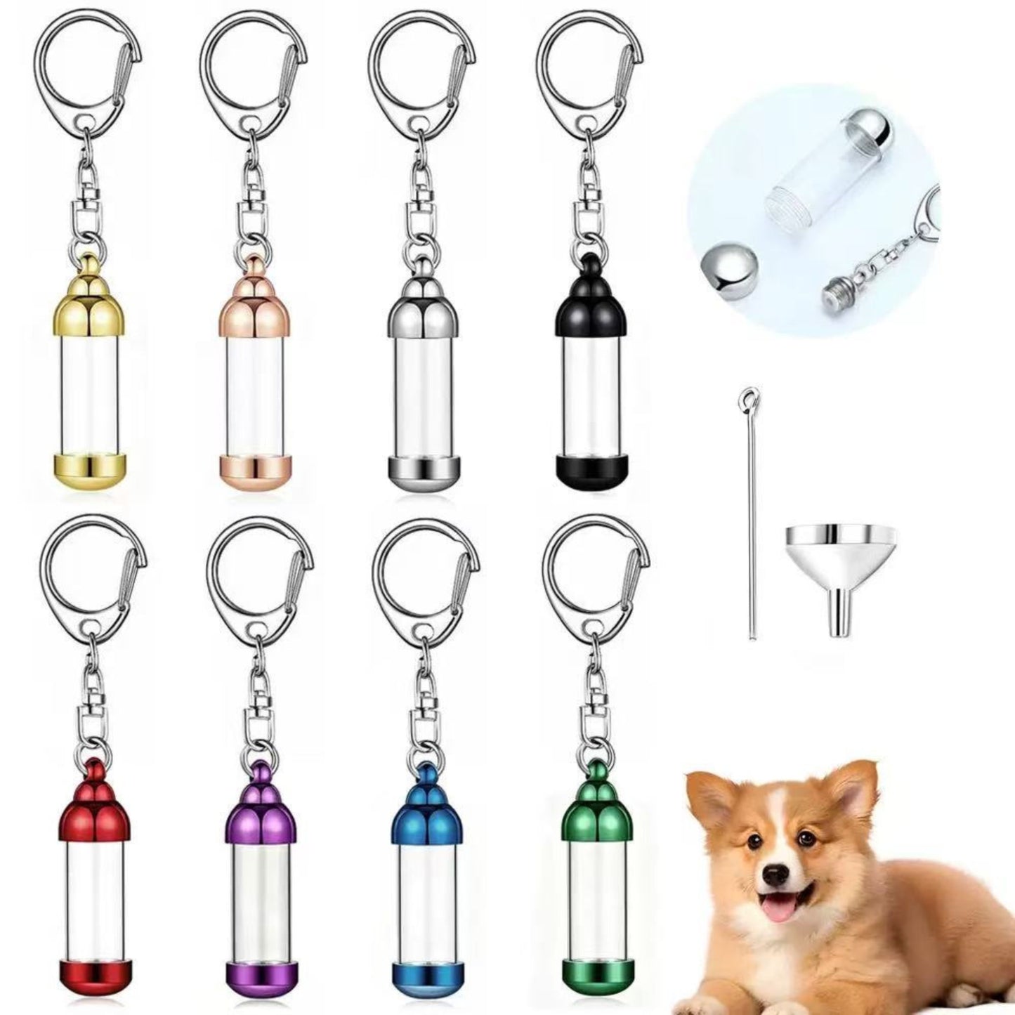 Eight color options of transparent cylinder pet memorial ashes urn keychain with aluminum alloy caps, single-piece keepsake keyring listing