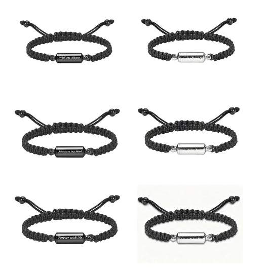 Memorial ashes bracelet set with 3 engraved messages and 2 colors (black & silver), adjustable braided urn bracelet for pet or human ashes