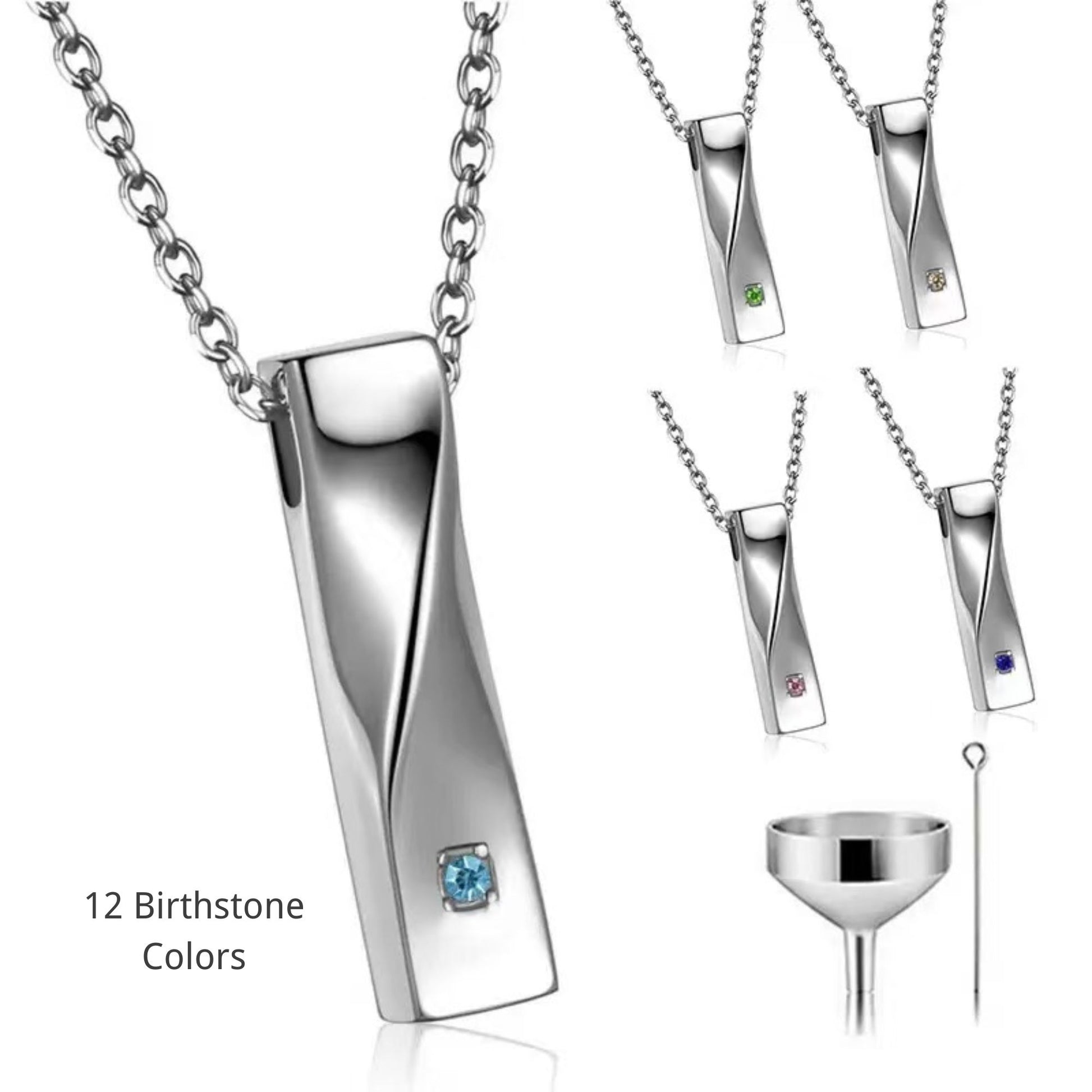 Twisted stainless steel bar cremation urn necklace with 12 birthstone color options collage