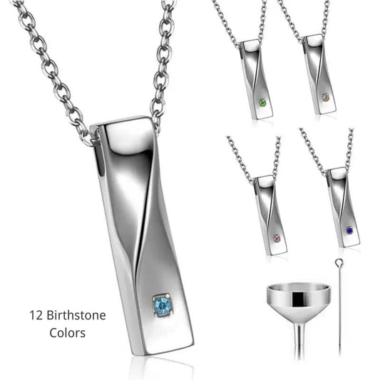 Twisted stainless steel bar cremation urn necklace with 12 birthstone color options collage
