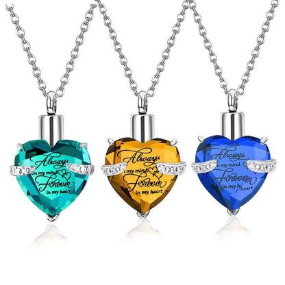 Birthstone Heart crystal urn necklace in multiple colors with “Always on my mind, forever in my heart” engraving
