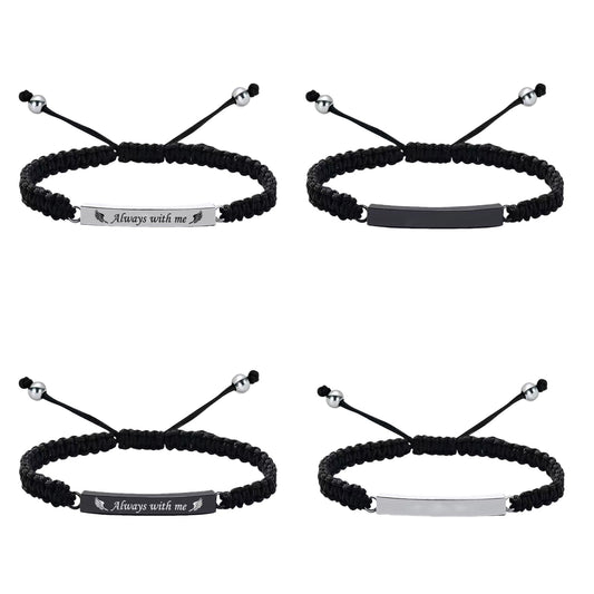 Four style options of men’s braided cremation urn bracelet for ashes, engraved and blank versions in black and silver.
