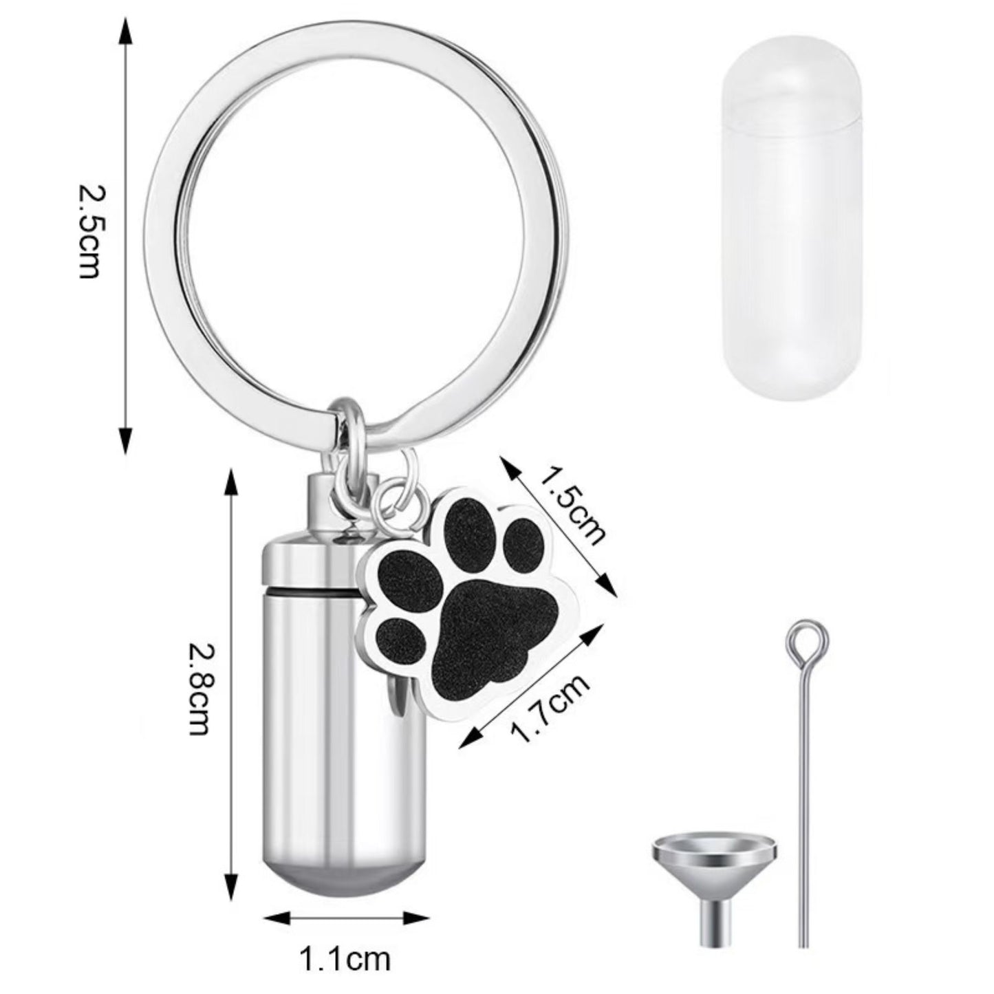 Pet memorial keychain urn size chart showing silver mini ashes capsule with paw charm, key ring dimensions, and filling tools