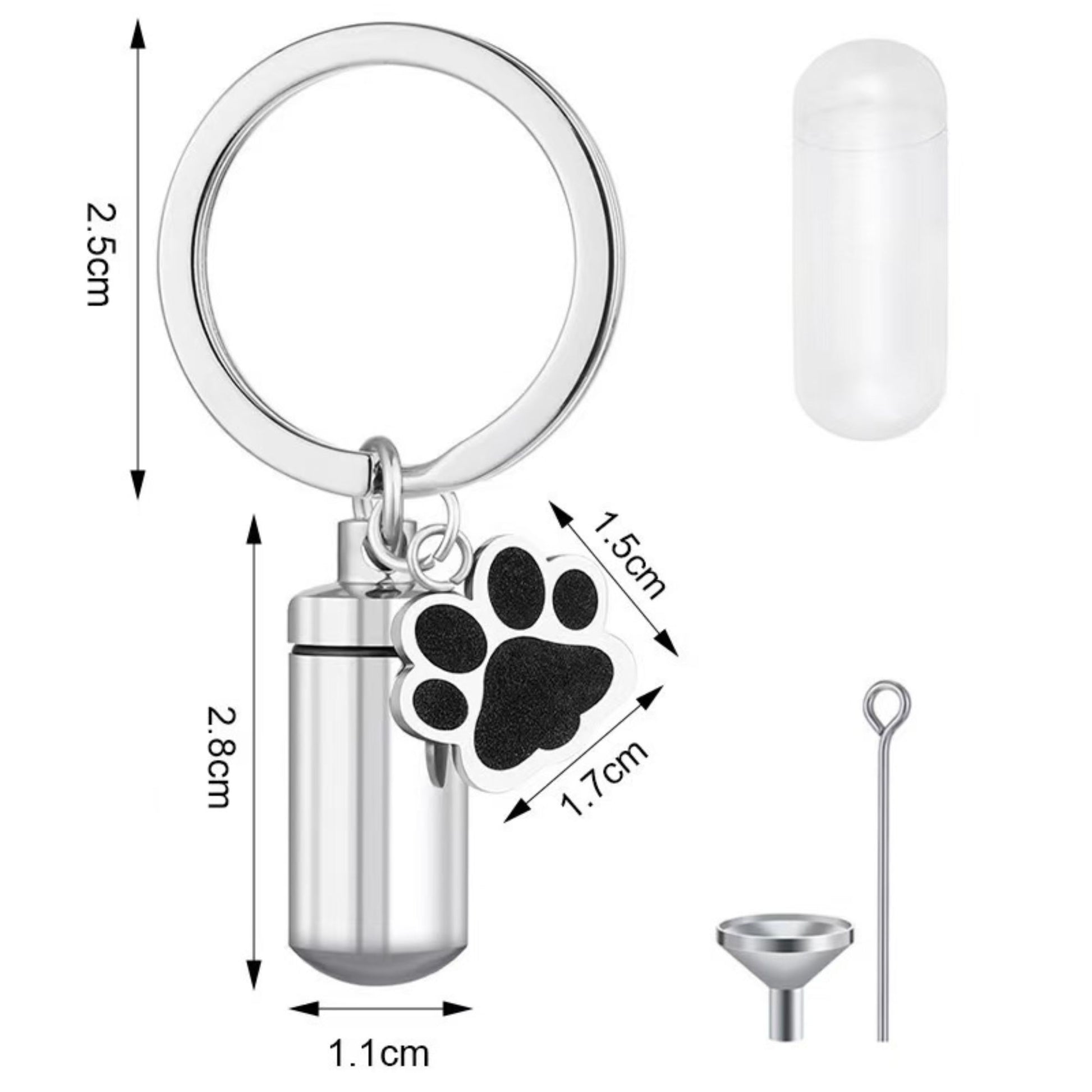 Pet memorial keychain urn size chart showing silver mini ashes capsule with paw charm, key ring dimensions, and filling tools