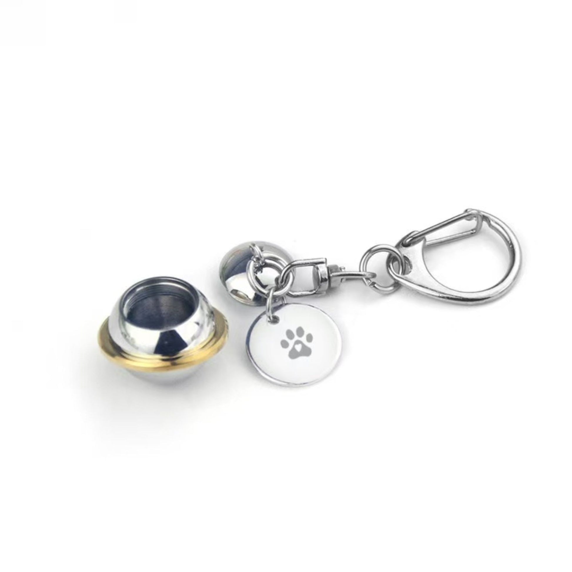 Stainless steel planet pet ashes keychain urn isolated on white background