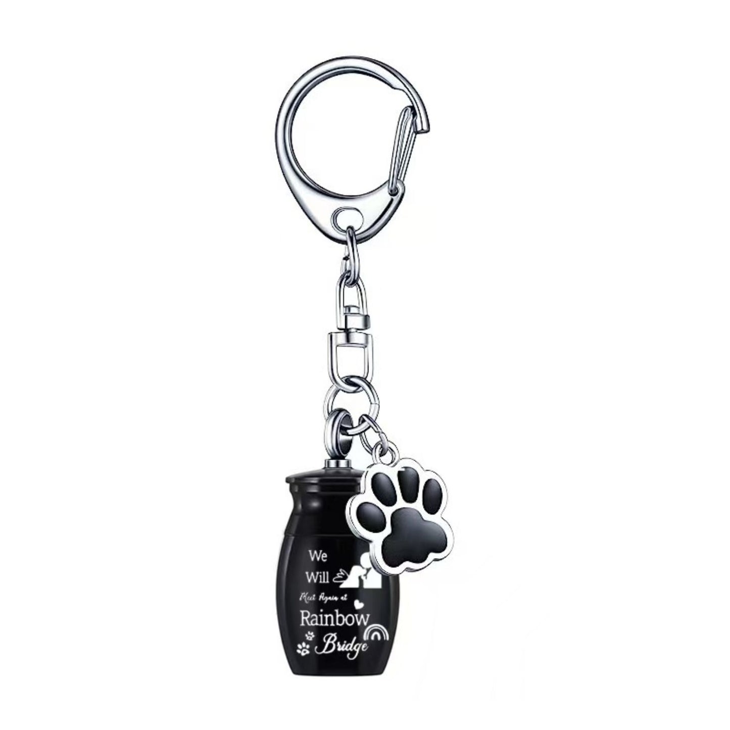 Black Rainbow Bridge pet memorial ashes urn keychain with paw charm on white background, single item