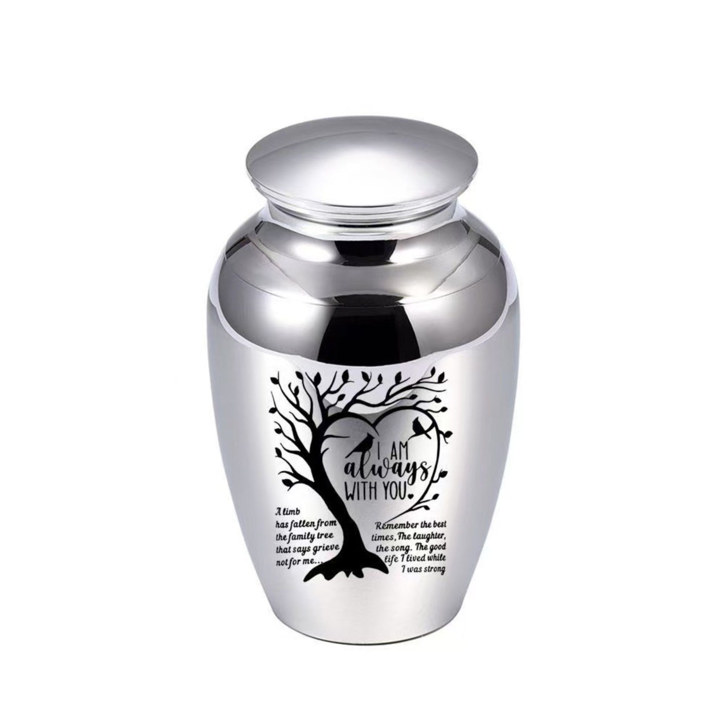 Silver “I Am Always With You” Tree of Life heart engraved mini pet keepsake urn on white background