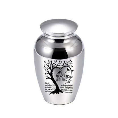 Silver “I Am Always With You” Tree of Life heart engraved mini pet keepsake urn on white background