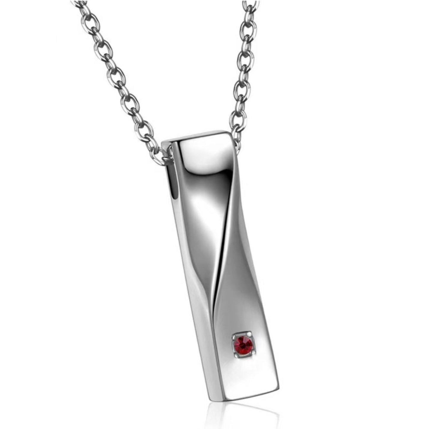 Birthstone color example (January) crystal on twisted stainless steel bar urn necklace