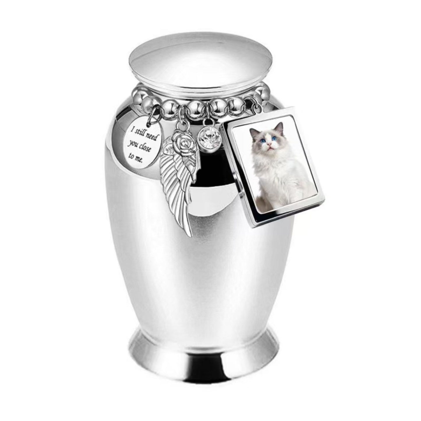Silver pet keepsake urn with photo frame charm and memorial charm bracelet for ashes or fur