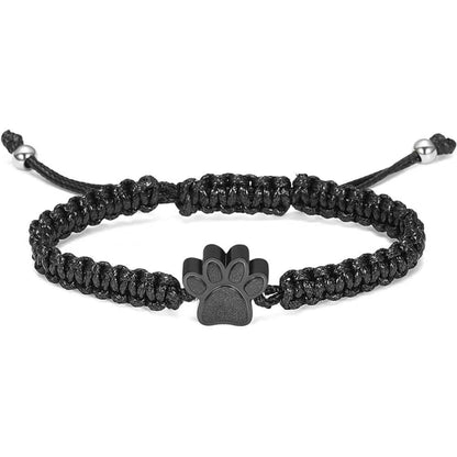 Black paw print urn bracelet for ashes braided cord stainless steel charm