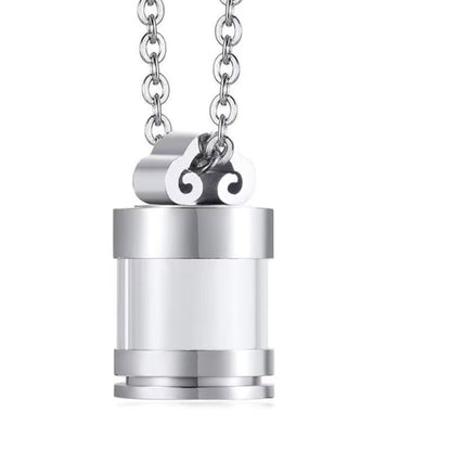 Silver clear glass urn necklace pendant front view minimal cylinder memorial design