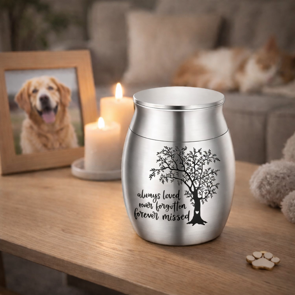 Silver Tree of Life pet keepsake urn displayed on a table beside candles and a pet photo frame