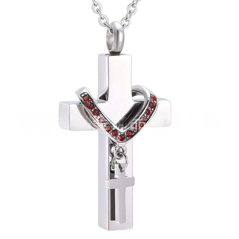 January,Stainless steel cross urn pendant with  birthstone crystal accents, memorial cremation jewelry