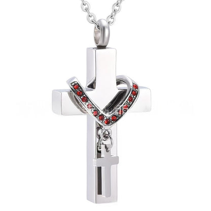January,Stainless steel cross urn pendant with  birthstone crystal accents, memorial cremation jewelry