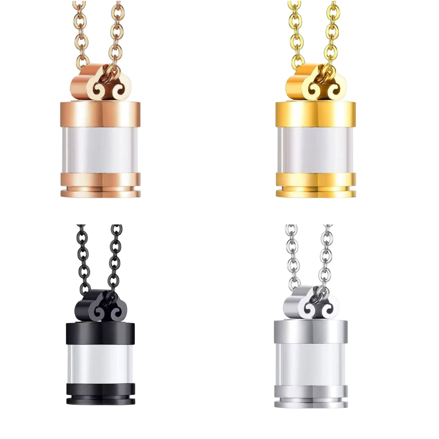 4-color stainless steel glass urn necklace set showing black gold rose gold silver pendants