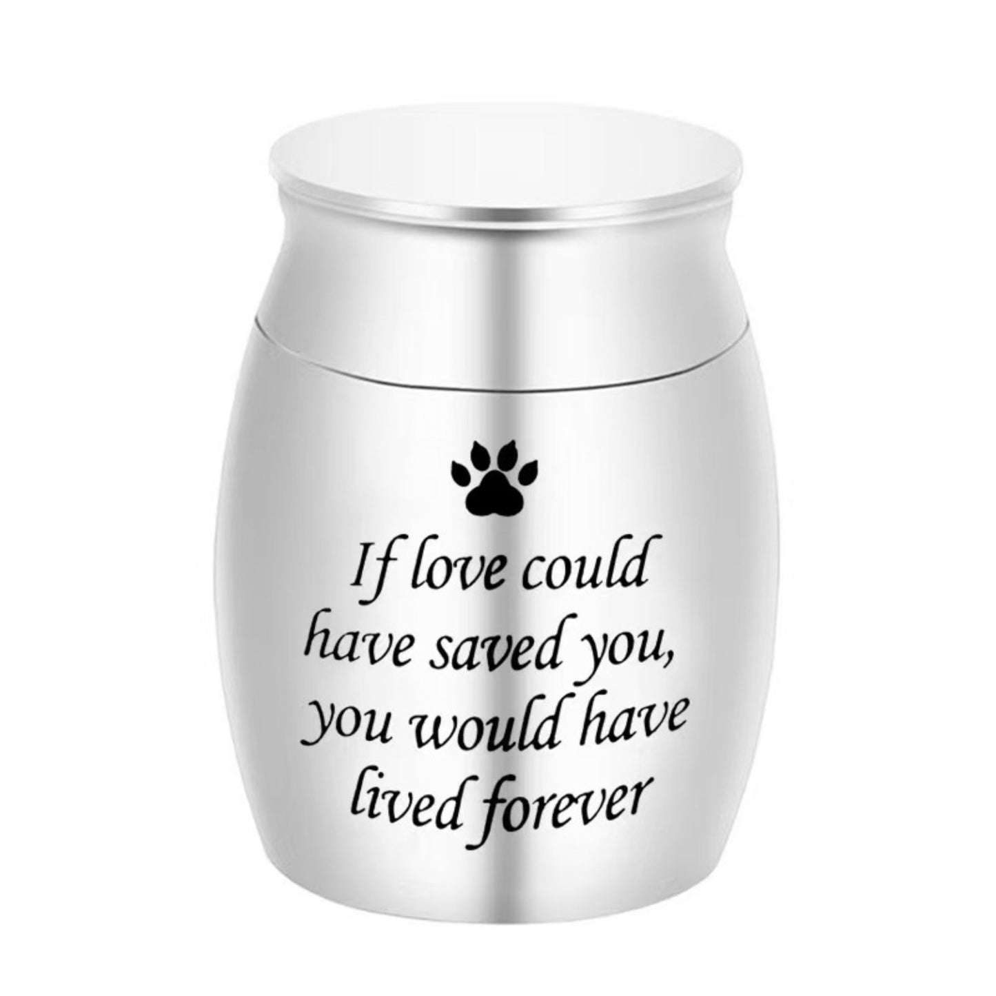 Silver “If love could have saved you…” paw print engraved mini pet memorial urn on white background
