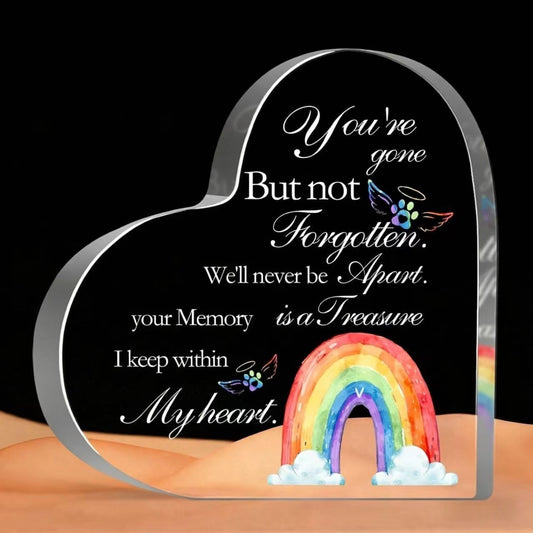 This acrylic "You're Gone But Not Forgotten" memorial plaque features a rainbow bridge design with heartfelt text. A perfect pet memorial gift for grieving pet owners.