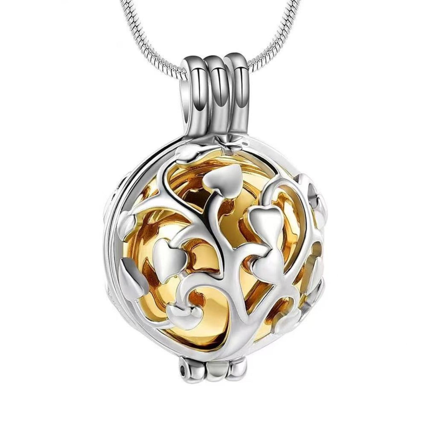 Close-up of gold inner sphere Tree of Life hollow memorial pendant necklace on chain