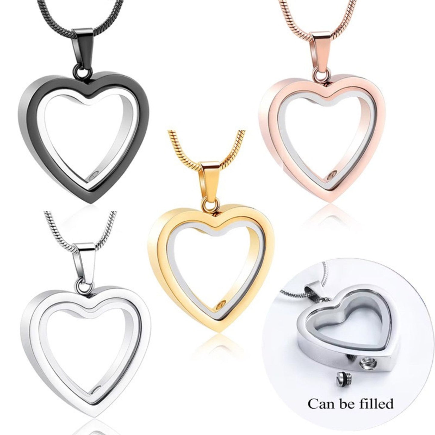 Heart-shaped fillable urn necklace set in silver, gold, rose gold, rainbow and black stainless steel