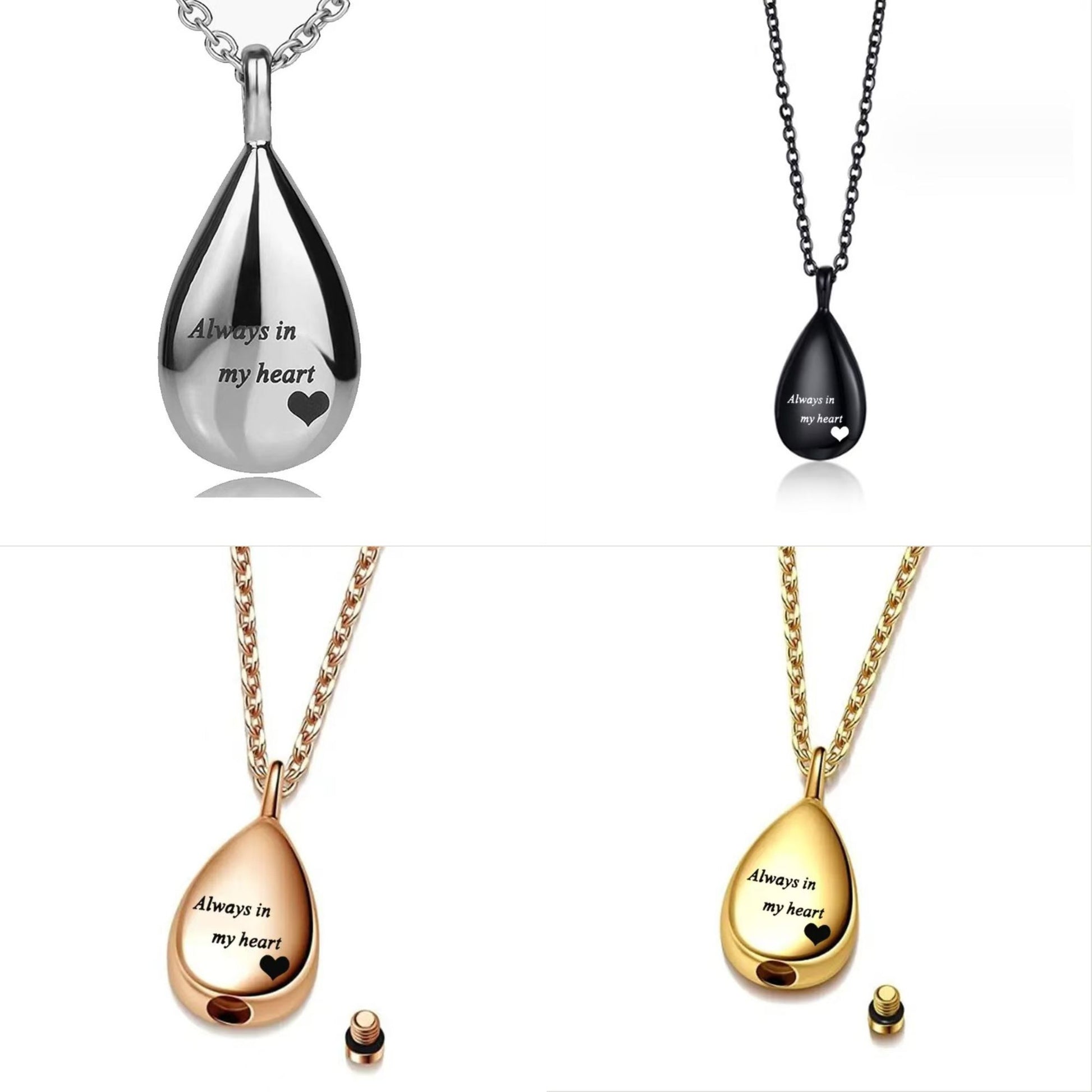 Teardrop stainless steel cremation necklace in 4 colors with “Always in my heart” engraving