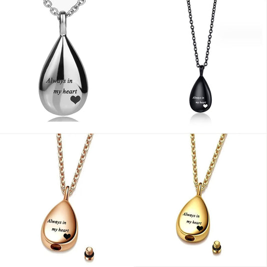 Teardrop stainless steel cremation necklace in 4 colors with “Always in my heart” engraving