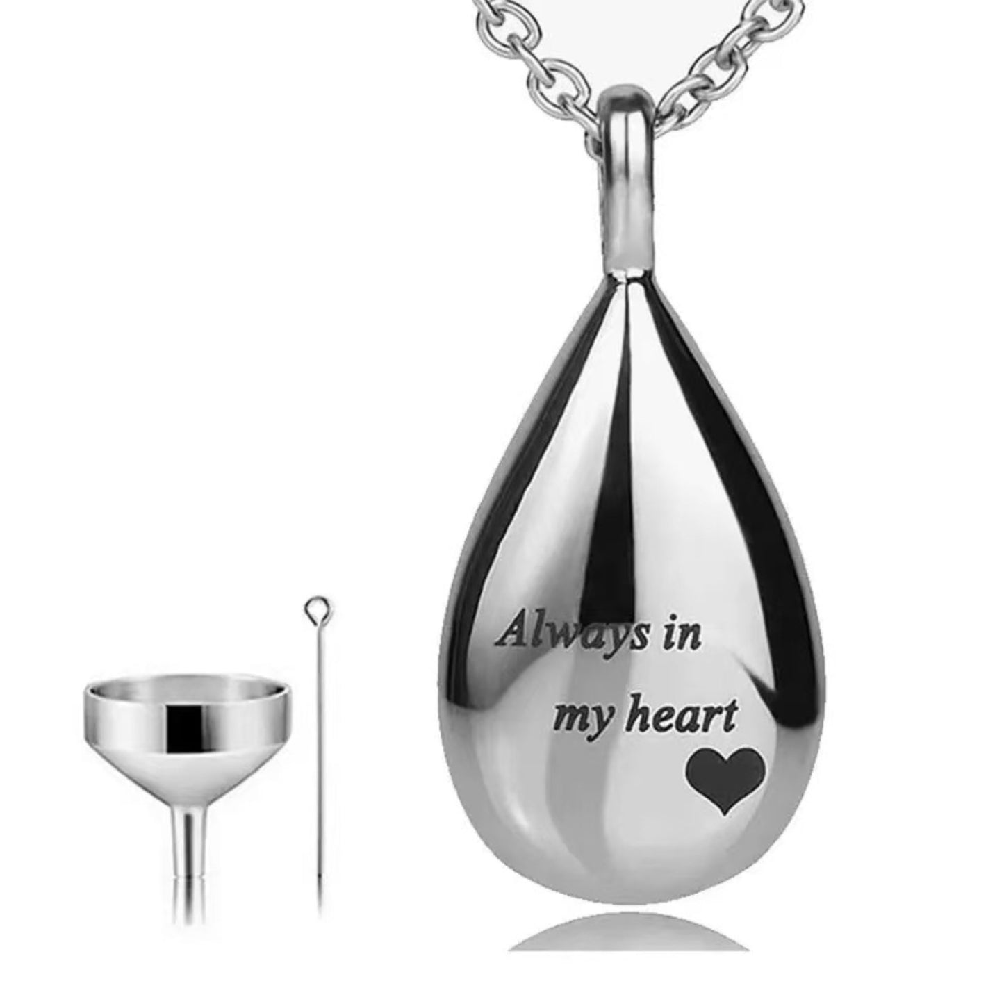 Teardrop urn necklace with filling funnel and pin tool for adding pet ashes or keepsakes