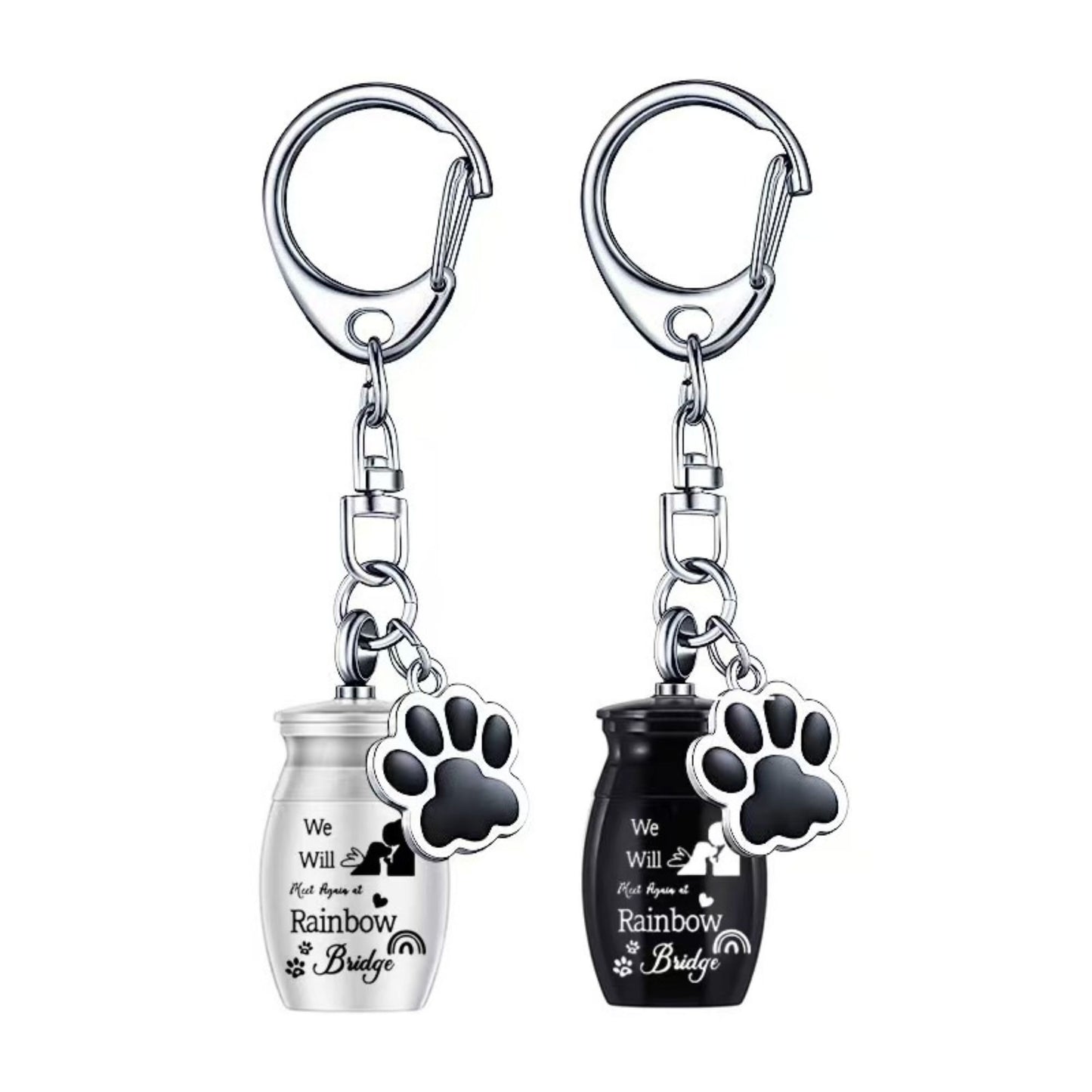 Stainless steel pet memorial urn keychain with paw charm in silver and black color options, Rainbow Bridge design, single-item variants