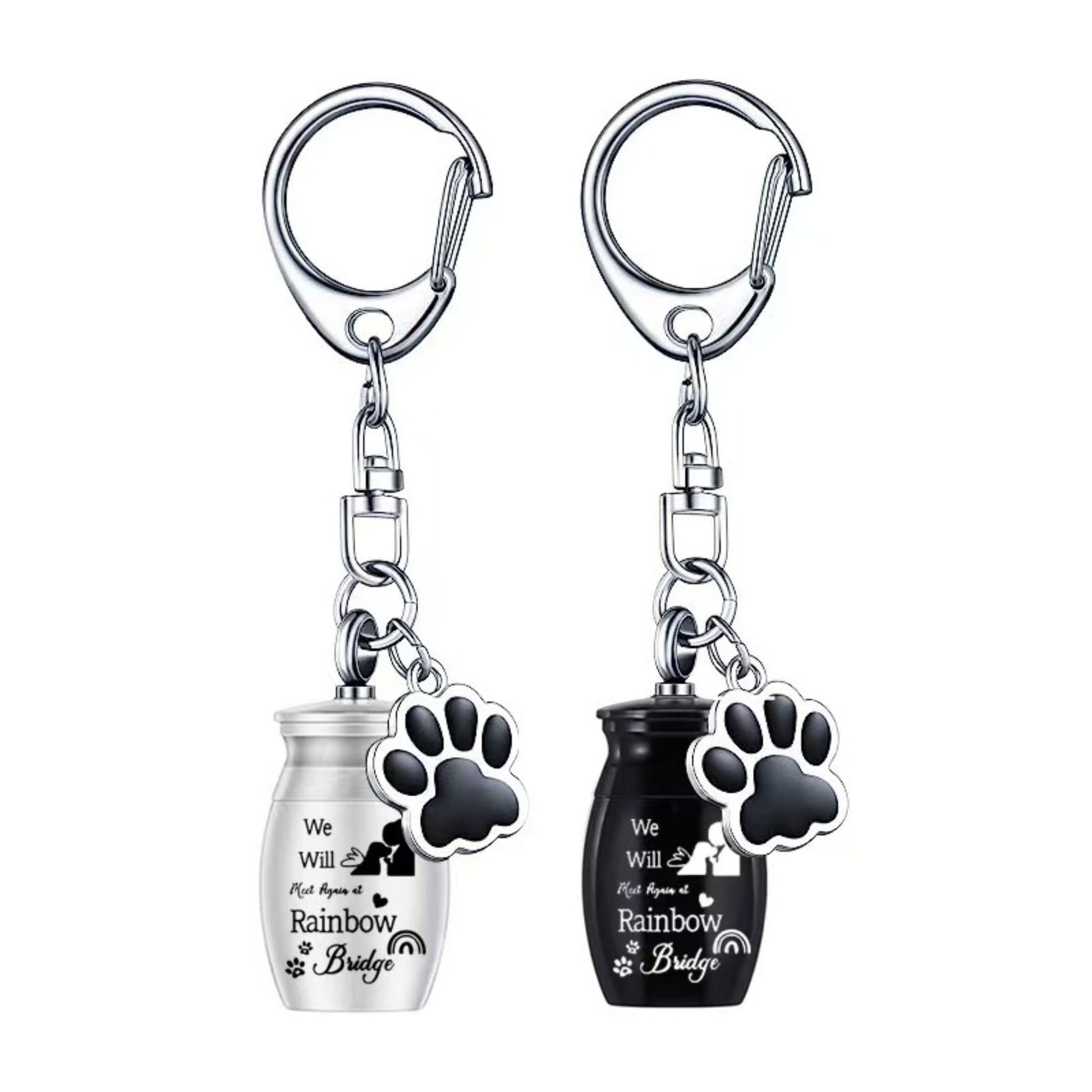 Stainless steel pet memorial urn keychain with paw charm in silver and black color options, Rainbow Bridge design, single-item variants