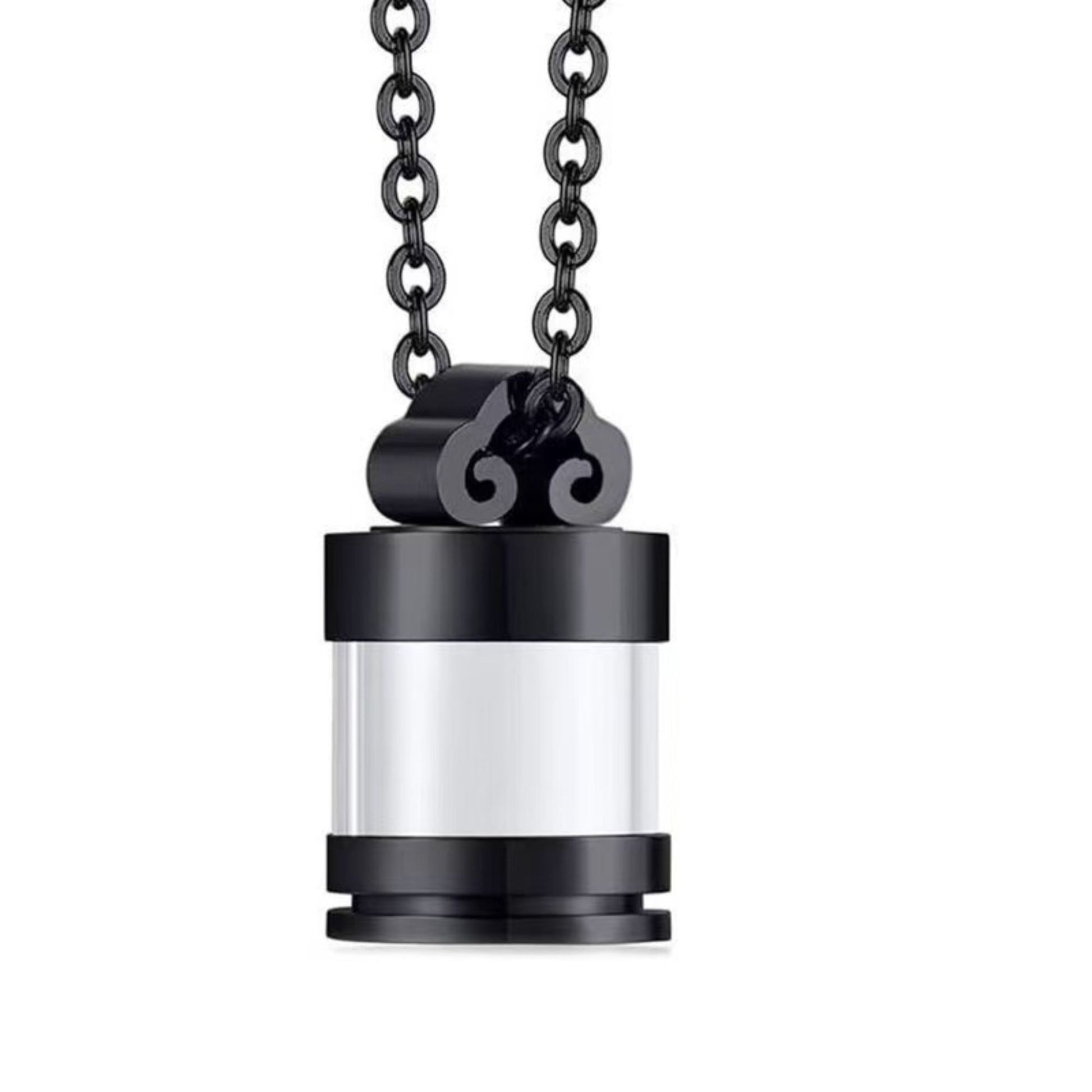 Black clear glass urn necklace pendant front view minimal cylinder memorial design