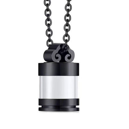 Black clear glass urn necklace pendant front view minimal cylinder memorial design