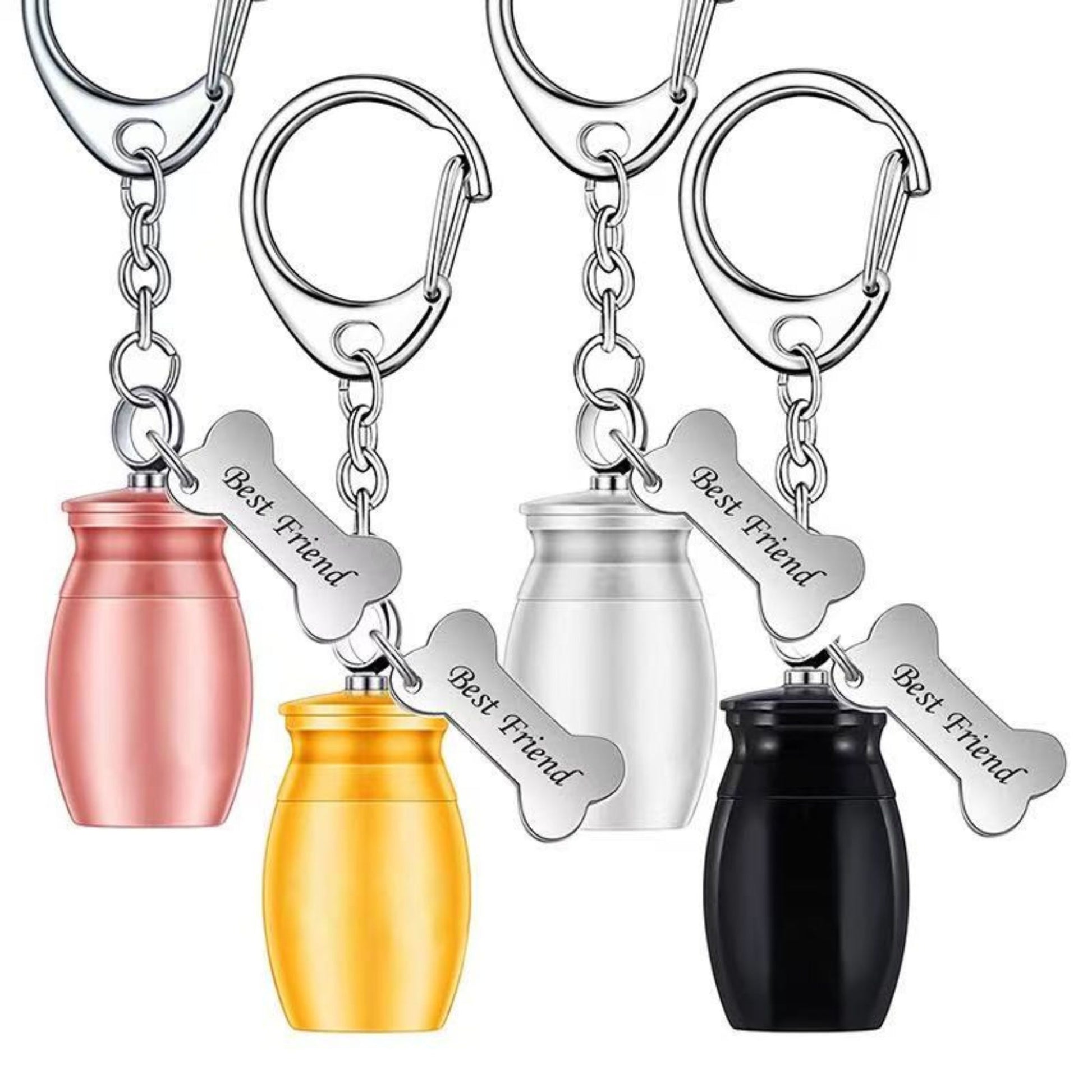 Collage showing mini pet memorial urn keychains in rose gold, gold, silver, and black with Best Friend bone charm and lobster clasp keyring.