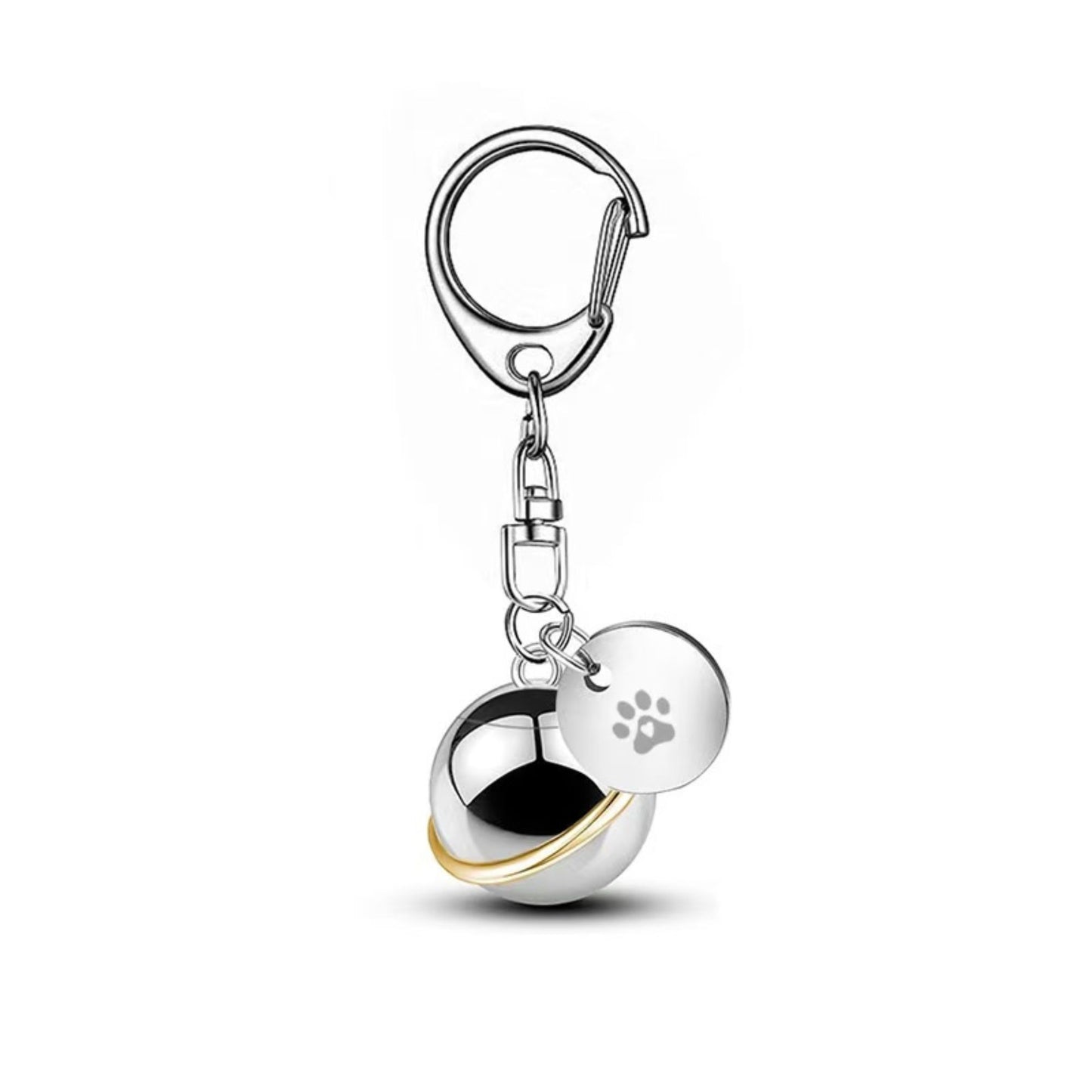 Open stainless steel round urn capsule keychain showing interior compartment and paw charm