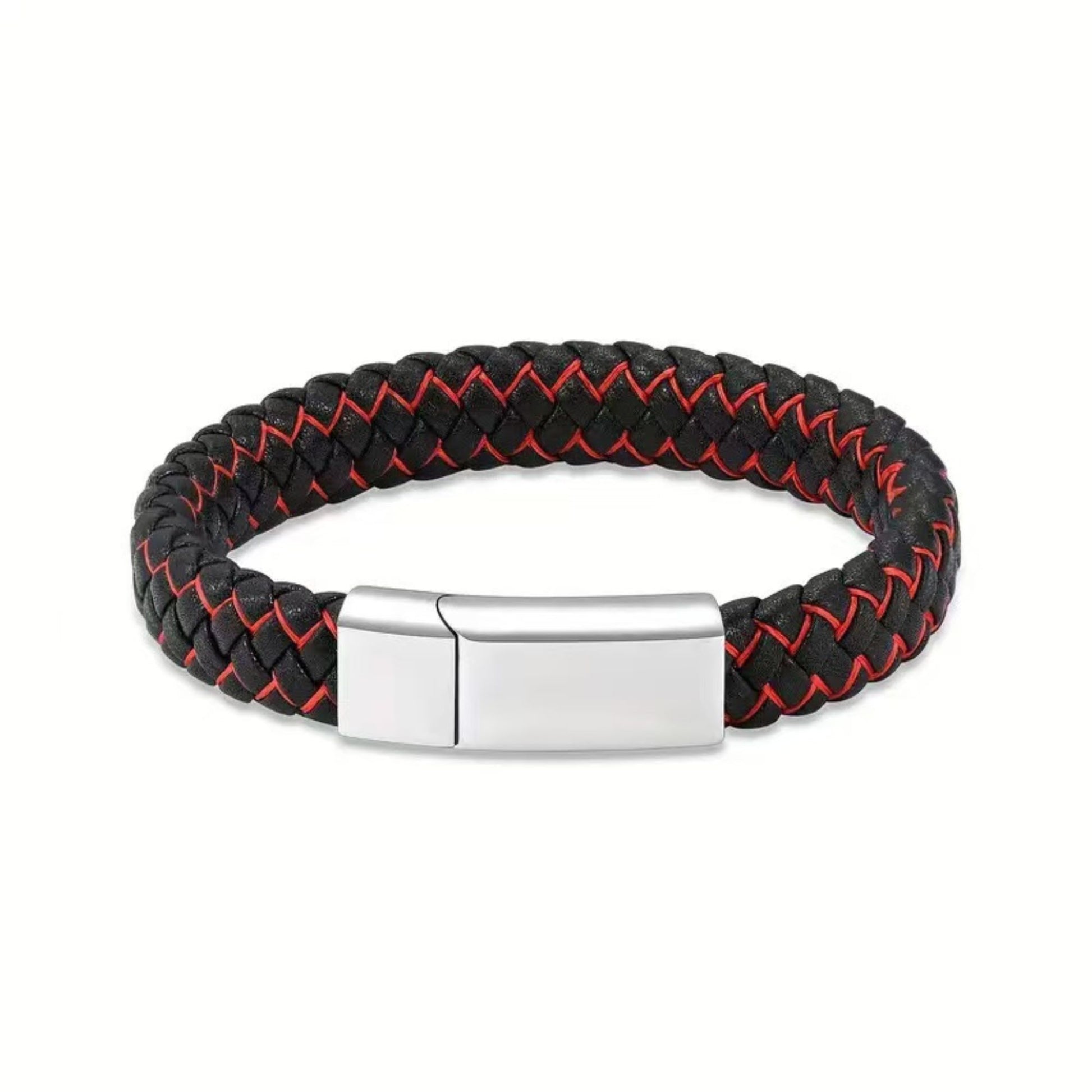 Two-tone red black braided leather men’s urn bracelet with titanium steel clasp and white accent weave