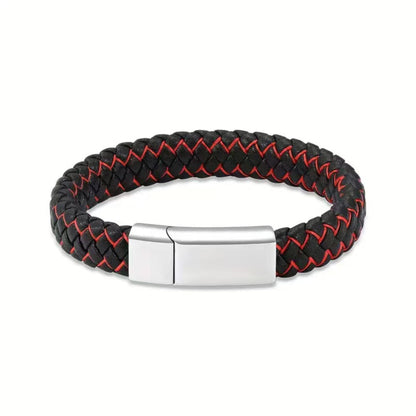 Two-tone red black braided leather men’s urn bracelet with titanium steel clasp and white accent weave