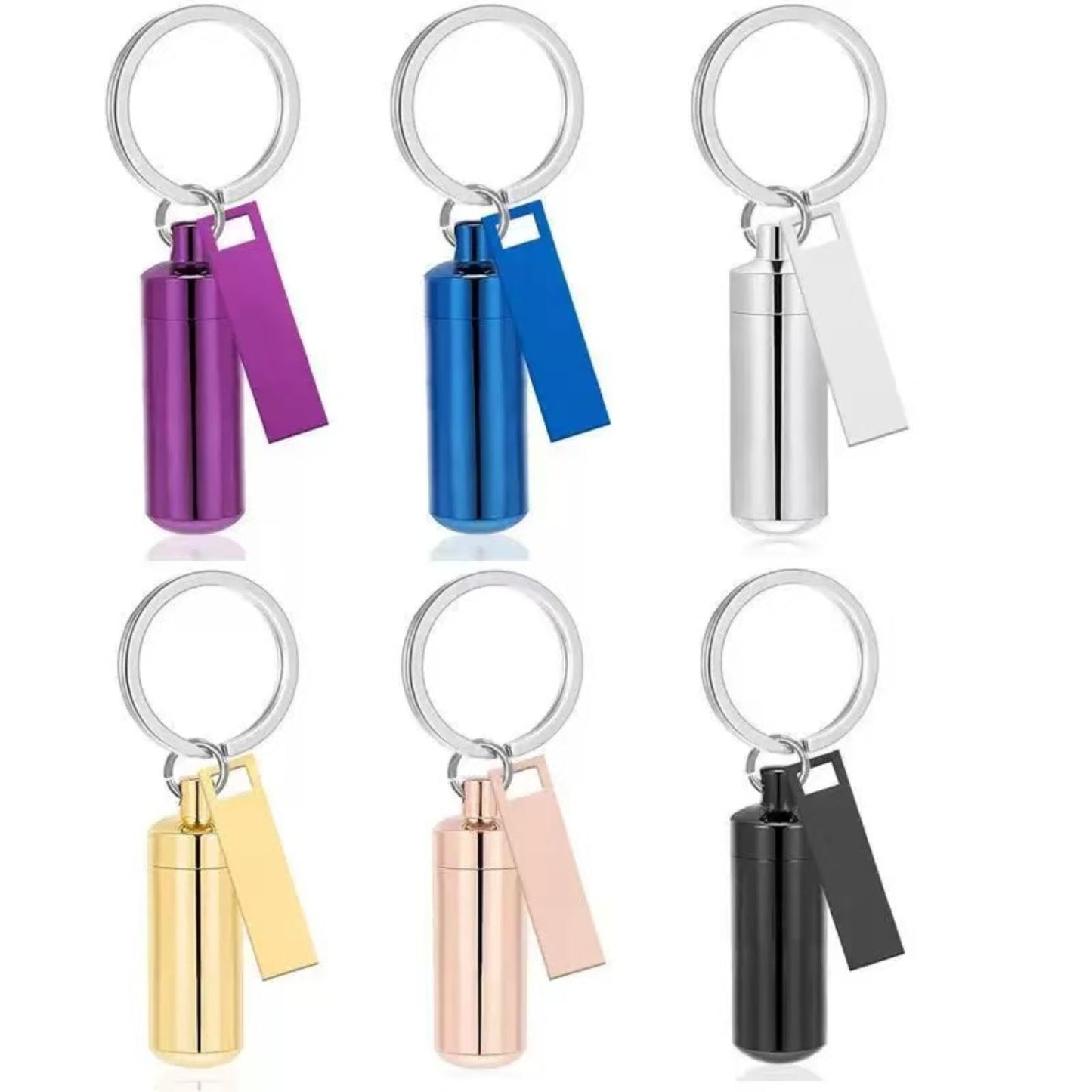 Six-color capsule keepsake keychain set with matching rectangular tags and rings
