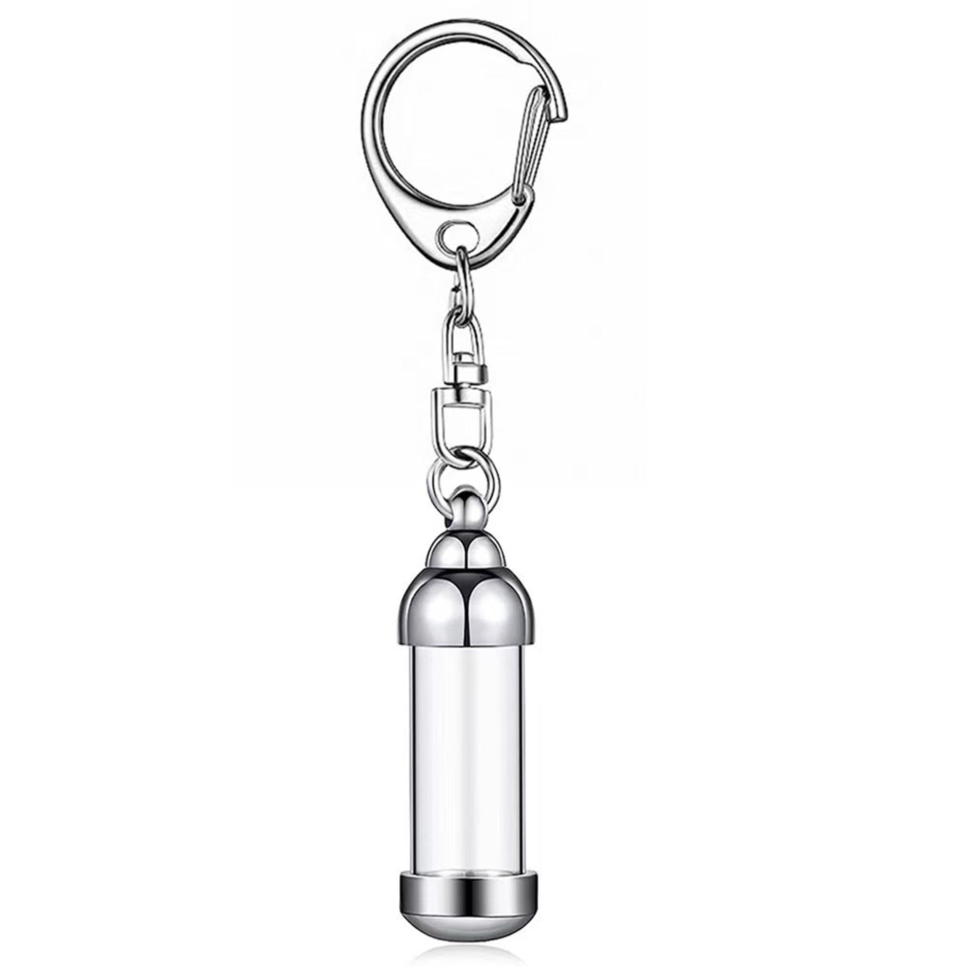 Silver aluminum alloy transparent cylinder ashes urn keychain pendant, single memorial keepsake keyring for pet remembrance
