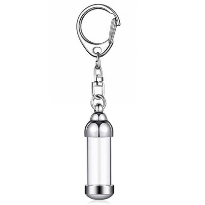 Silver aluminum alloy transparent cylinder ashes urn keychain pendant, single memorial keepsake keyring for pet remembrance