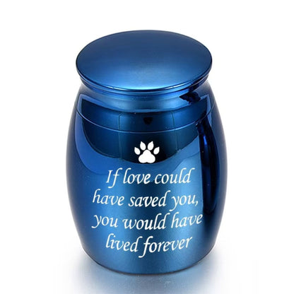 Blue “If love could have saved you…” paw print engraved mini pet memorial urn on white background