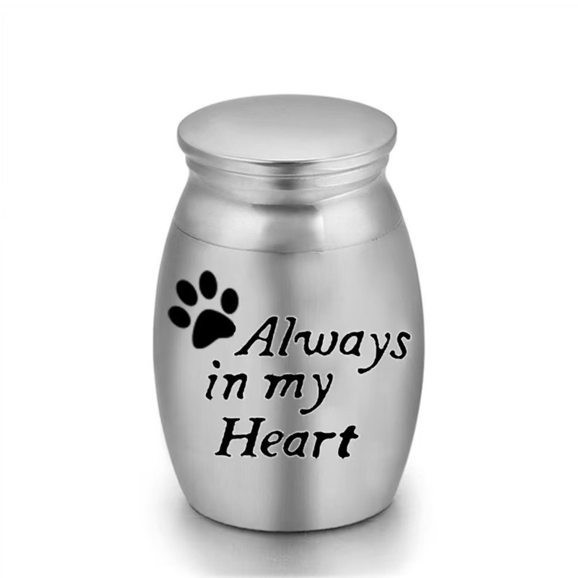 Close-up of stainless steel mini pet keepsake urn with always in my heart design