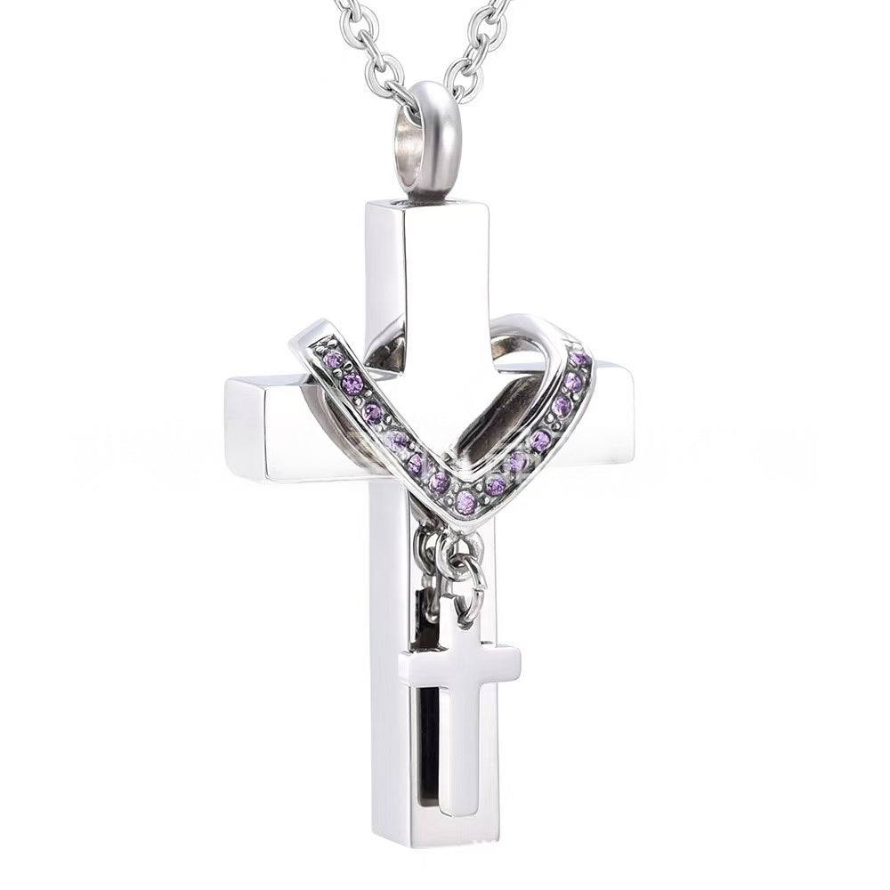 February,Stainless steel cross urn pendant with  birthstone crystal accents, memorial cremation jewelry